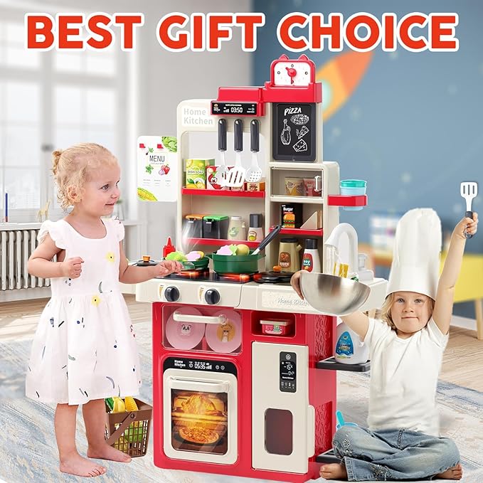 Kids Kitchen Playset: Realistic Lights & Sounds, Spray and Play Sink Simulated, Kitchen Cooking Accessories, Play Food, Ideal Gift Pretend Play Kitchen Set for Kids Girls Boys Ages 3 4 5 6+