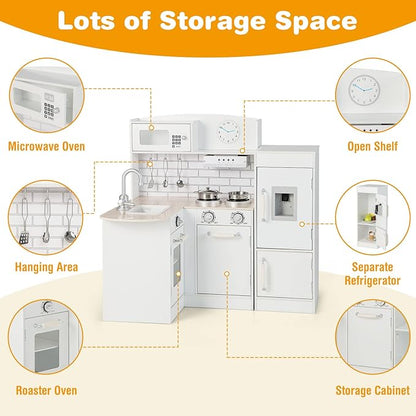 HONEY JOY Corner Kids Kitchen Playset, Little Chef Wooden Play Kitchen for Toddlers, Water Dispenser, Microwave, Range Hood, Refrigerator, Cookware, Modular Pretend Toy Kitchen Set w/Lights & Sounds