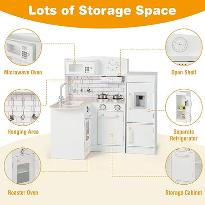 HONEY JOY Corner Kids Kitchen Playset, Little Chef Wooden Play Kitchen for Toddlers, Water Dispenser, Microwave, Range Hood, Refrigerator, Cookware, Modular Pretend Toy Kitchen Set w/Lights & Sounds