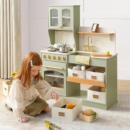 Tiny Land Play Kitchen for Kids, Wooden Play Kitchen with Toy Storage System, Toy Kitchen Set with Plenty of Play Features, Kids Play Kitchen Designed, Gift for Ages 3+ (Green)