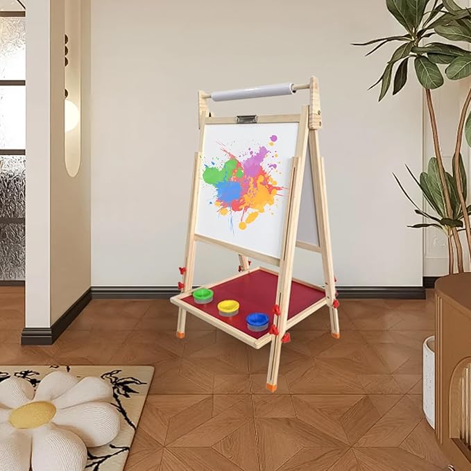 Double Sided Wooden Art Easel,Large Double Sided Wooden Easel White Board & Magnetic Drawing Board & Paper Roll,Double-Sided Magnetic Easel Standing Art Easel for Parties and Festivals