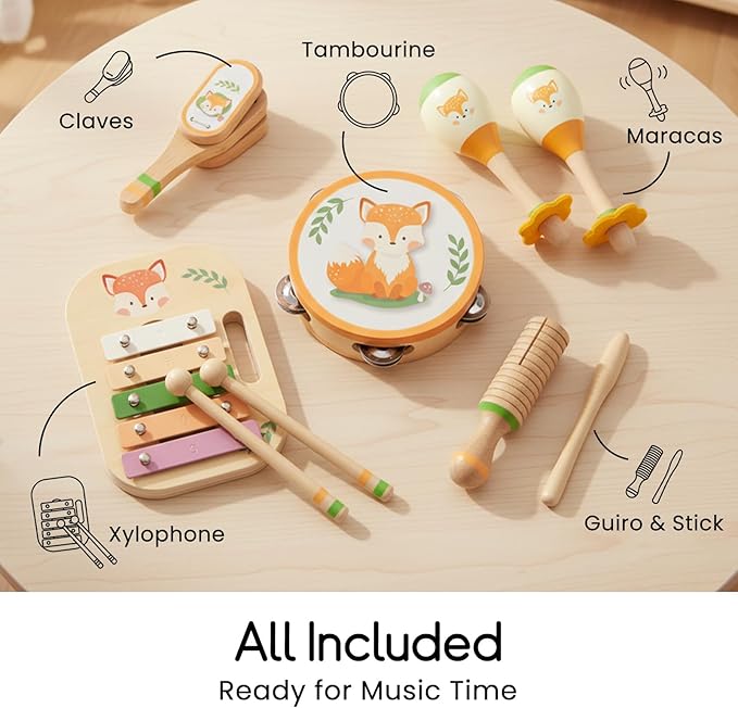 Wooden Musical Instruments Set for Toddlers, Natural Wood Percussion Instruments Xylophone Gift Set for Girls Boys Kids ,Preschool Educational Musical Toys with Storage Bag (Orange Set)
