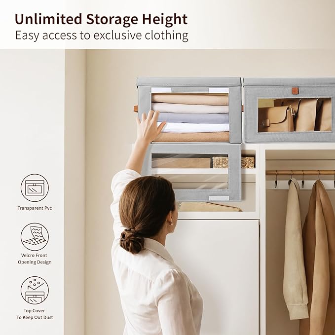Homsorout Large Closet Storage Bins - Collapsible Storage Bins with Handles & Window, Fabric Cube Organizer with Lids, Decorative Boxes for Living Room, Closet, Dorm, 6 Pack, Grey
