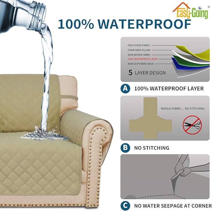 Easy-Going Sofa Slipcover Chair Cover Waterproof Couch Cover Washable Sofa Cover Non-Slip Fabric Furniture Protector with Pocket for Pets Covers Pets Kids Children Dog Cat (Chair, Sand)