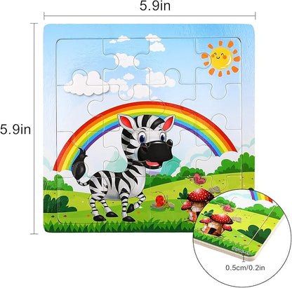 SANNIX 12 Pack Wooden Jigsaw Puzzles for Toddlers 3 4 5 Years Old, Party Favors Animals Jigsaw for Kids, Transportation Educational Puzzles Travel Toy with 12 Organize Bags