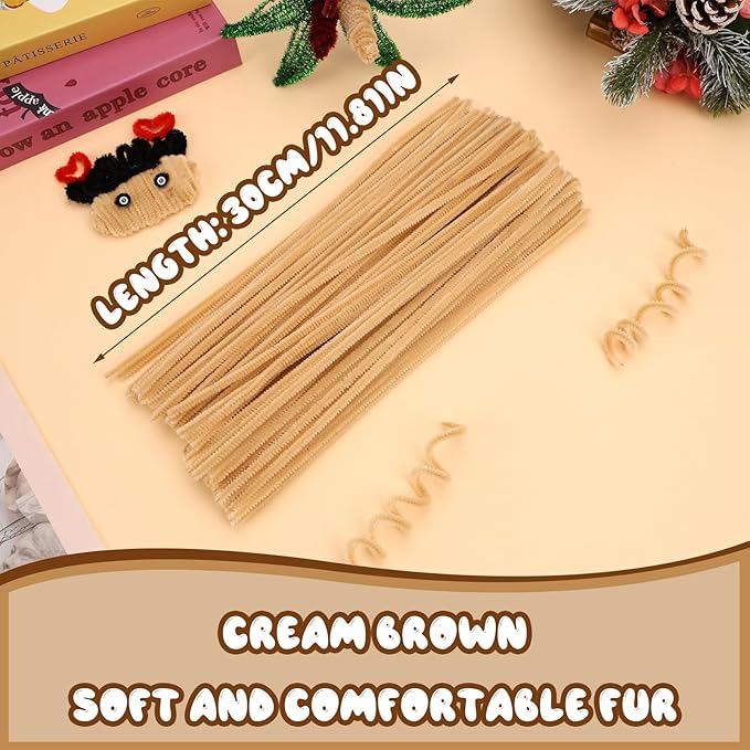Pipe Cleaners, 100PCS Christmas Pipe Cleaners Craft Supplies, Cream Brown Pipe Cleaners Bulk Fuzzy Sticks for DIY Art and Craft Projects Home Decoration