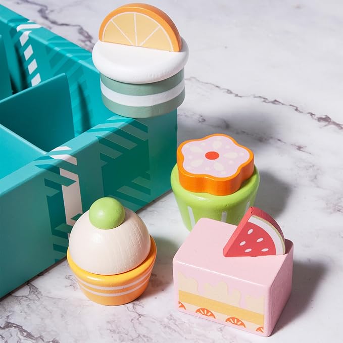 10pcs Wooden Dessert Set Toddler Pretend Play Toy Food, Sweets Playset with Muffin, Cupcake, Chocolate Cake & Roll, Kids Food Toys Play Kitchen Accessories Boys and Girls Birthday Gift