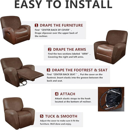 Recliner Chair Covers Leather Like, 4 Pieces Lazy Boy Recliner Cover, Furniture Protector - Washable Soft Sofa Slipcover for Pets Kids (Brown)