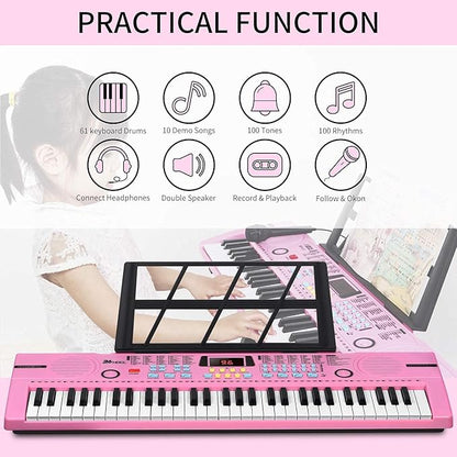 Kids Keyboard 61 Keys, Beginner Electronic Piano with One-Key Teaching 100 Tones & Rhythms, Portable Music Keyboard for Children with Microphone, Music Stand [Pink, Piano Only]