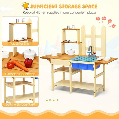 HONEY JOY Kids Mud Kitchen Playset, Indoor Outdoor Wooden Pretend Play Toy Kitchen with Removable Sink, Simulated Faucet, Mud Kitchen for Kids Outdoor, Gift for Boys Girls 3+