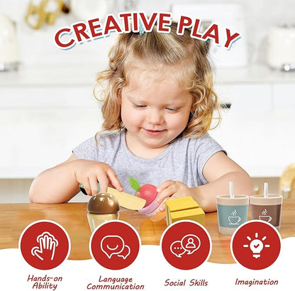 Wooden Food Toys for Toddlers 1-3, Wooden Play Food Set, Breakfast with Velcro Food Cutting Toys, Wood Play Food, Wooden Food for Play Kitchen for Toddlers Boys and Girls, Aged 3 4 5 6