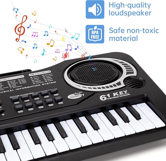 61 Key Piano Keyboard for Kids, Electronic Music Toy for Beginners, 16 Tones, 10 Rhythms, 6 Demos, Built-in Recording, Perfect Christmas or Birthday Gift for Ages 3+