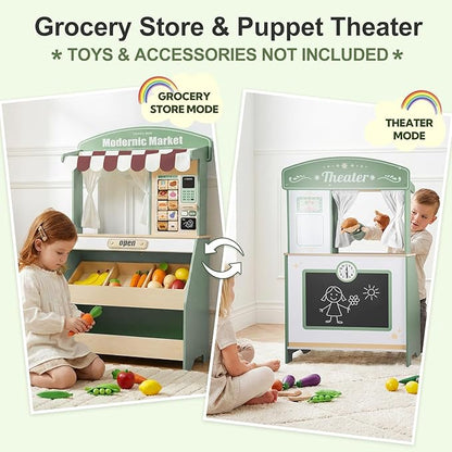 Kids Grocery Store Pretend Play, Puppet Theater&Grocery Store Playset Toy Double-Sided, Toddler Supermarket Toy Cash Register w/Blackboard, Display Shelves, Gift for Boys Girls, Green