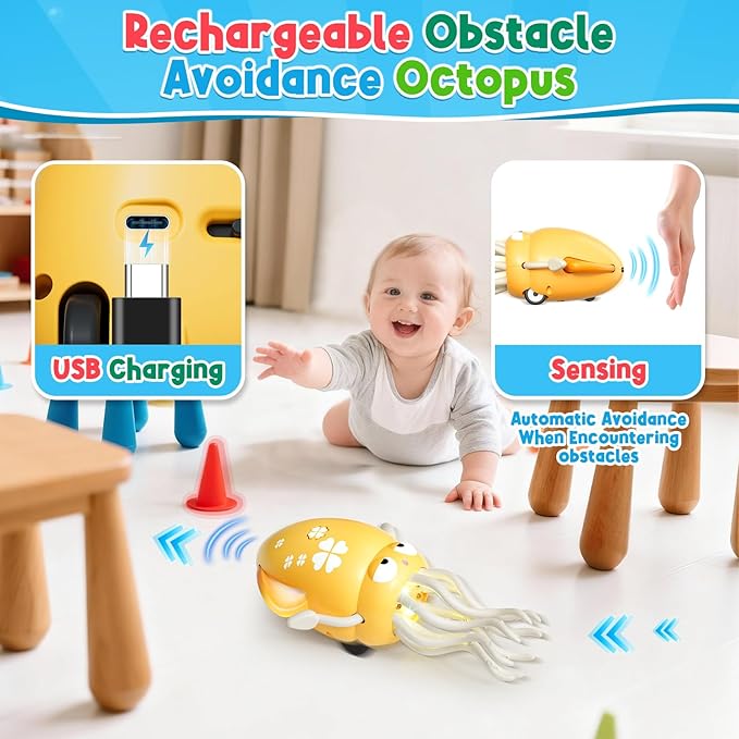 Dancing Squid Baby Toy, Infant Tummy Time Toys for 3-6 Months, Interactive Crawling Octopus with Music & Lights for 6-12, 12-18 Learning Walking Toy for Toddlers 1 Year Old Boys Girls Birthday Gifts