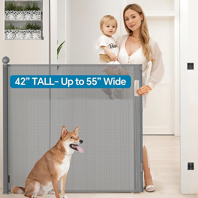 Bulubaky Extra Tall Safety Retractable Baby Gate Adjustable Wide Retractable Dog Gate Mesh Baby Gate Child Gate for Doorway, Hallway, Stair Gates for Kids or Pets (Grey, 42" Tall x 55" Wide)