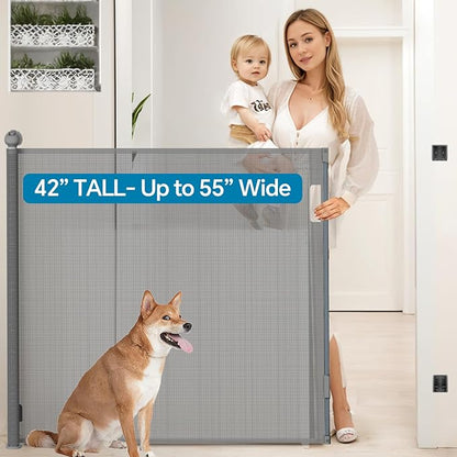 Bulubaky Extra Tall Safety Retractable Baby Gate Adjustable Wide Retractable Dog Gate Mesh Baby Gate Child Gate for Doorway, Hallway, Stair Gates for Kids or Pets (Grey, 42" Tall x 55" Wide)