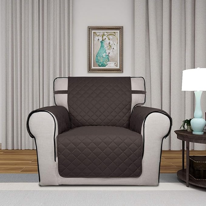 PureFit Reversible Quilted Sofa Cover, Water Resistant Slipcover Furniture Protector, Washable Couch Cover with Non Slip and Elastic Straps for Kids, Dogs, Pets (Chair, Chocolate/Beige)