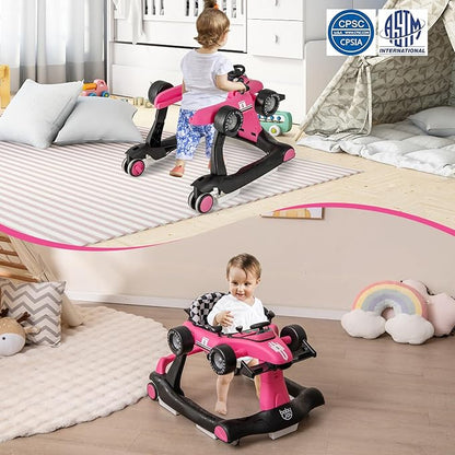 BABY JOY 4-in-1 Baby Walker, Foldable Activity Walker with Adjustable Height & Speed, Music, Lights, Anti-Rollover, Toddler Push Walker, Baby Walker with Wheels for Boys Girls 6-18 Months (Pink)