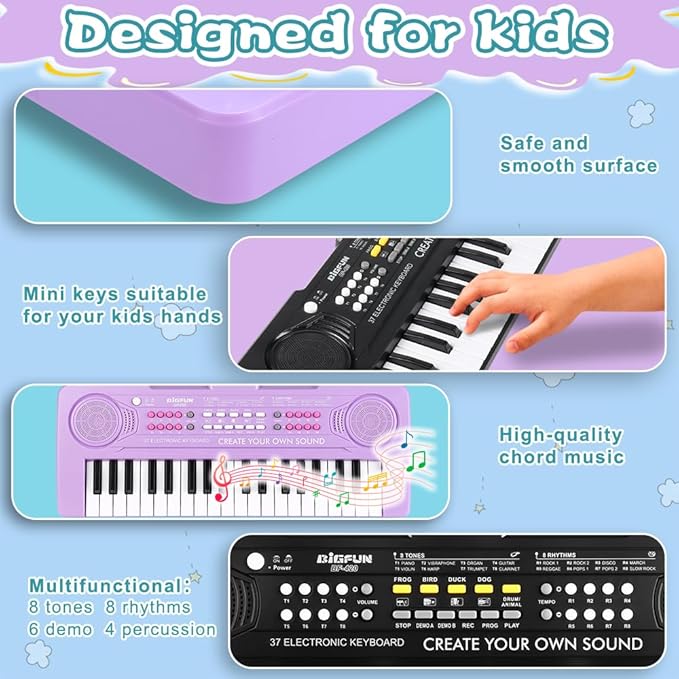 Keyboard Piano for Kids, BIGFUN 37 Keys Toddler Piano Multifunction Music Educational Instrument Toy, Electronic Kids Keyboard Set for 3-7 Year Old Girls and Boys (2PCS, Purple + Black)