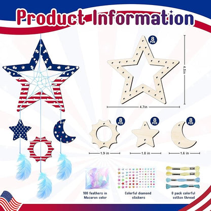 8Pack Star Dream Catcher Kit fot Kids,Unfinished Wood Star Shape Coloring 4th of July Craft DIY Crafts Wooden Patriotic Star Ornaments for Home Classroom Decorations Independence Day Party Favors