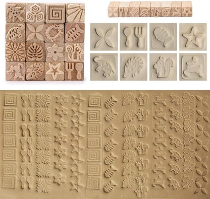 OwnMy Set of 16 Clay Modeling Pattern Stamp Kit, Wooden Clay Pottery Stamps Pottery Tool Wood Block Stamp, Clay Rolling Pin Textured Hand Roller Wooden Handle Pottery Tools Set