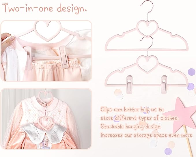 Pink Heart Velvet Baby Hangers - 50pack 13inch Toddler Hangers with 20pcs Clips, Premium Velvet Strong and Durable Baby Clothes Hangers Without Slipping, Ultra Slim and Stackable Space Saving