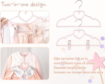 Pink Heart Velvet Baby Hangers - 50pack 13inch Toddler Hangers with 20pcs Clips, Premium Velvet Strong and Durable Baby Clothes Hangers Without Slipping, Ultra Slim and Stackable Space Saving