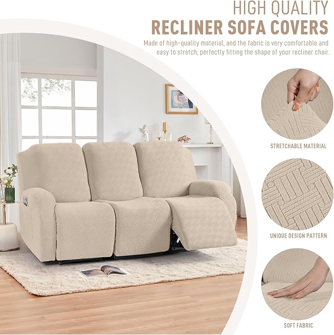 KinCam Recliner Covers, Stretch Reclining Chair Covers, Recliner Sofa Slipcovers Stripe Jacquard Recliner Couch Covers Furniture Protector Covers for Pet Kid (3 Seater, Vanilla)