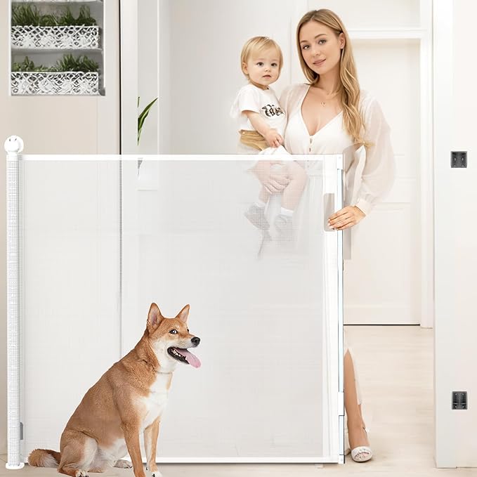 Bulubaky Extra Tall Safety Retractable Baby Gate Adjustable Wide Retractable Dog Gate Mesh Baby Gate Child Gate for Doorway, Hallway, Stair Gates for Kids or Pets (White, 42" Tall x 55" Wide)