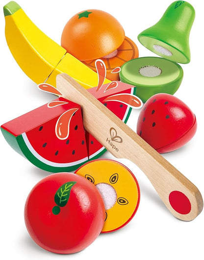 Hape: Fruit Set - 7pc, Wooden Food Play Set, Knife & Velcro Stick Together Fruit Pieces, Cut in Half, Kitchen Pretend Play, Realistic Toy, Kids Age 3+