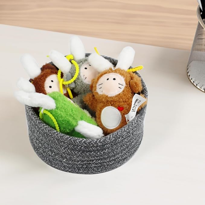 Small Basket, Set of 3 Small Woven Basket, Rope Baskets for Gifts, Cute Mini Tiny Baskets for Organizing Decor Nursery, Decorative Boho Round Storage Basket Bathroom Organization Bin (Grey)