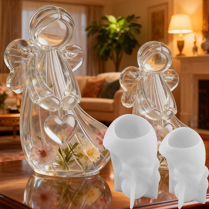 2Pcs Angel Resin Silicone Mold Set Clear Epoxy Resin Casting Molds for Flower Preservation DIY Bookends Art Crafts Home Decor Ornament Keepsake Making Casting Projects Soap Clay Candle