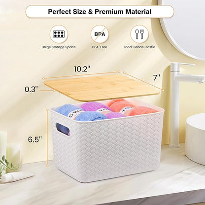 Ohmlove 4 Packs Storage Bins with Bamboo Lids - Plastic Storage Containers with Lids Stackable Storage Box：Storages Baskets for Organizing Desktop Closet Playroom Classroom Office,White