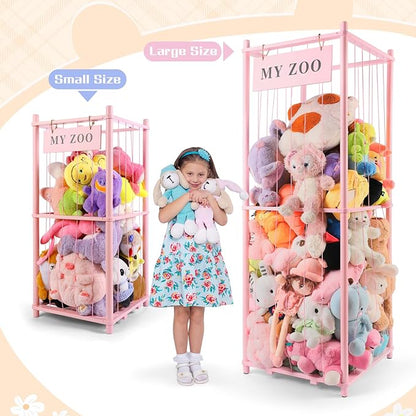 GLDZI Stuffed Animal Storage Zoo, Wooden Stuffed Animal Organizer with Elastic Cords for Boys Girls, Space Saving Toy Plushies Storage Holder for Playroom, Bedroom, Living Room (Pink, Small)