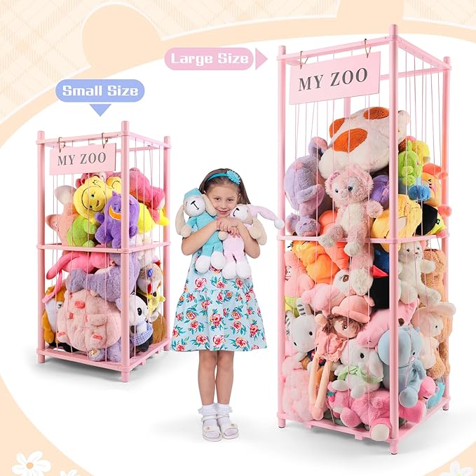 GLDZI Stuffed Animal Storage Zoo, Wooden Stuffed Animal Organizer with Elastic Cords for Boys Girls, Space Saving Toy Plushies Storage Holder for Playroom, Bedroom, Living Room (Pink, Large)