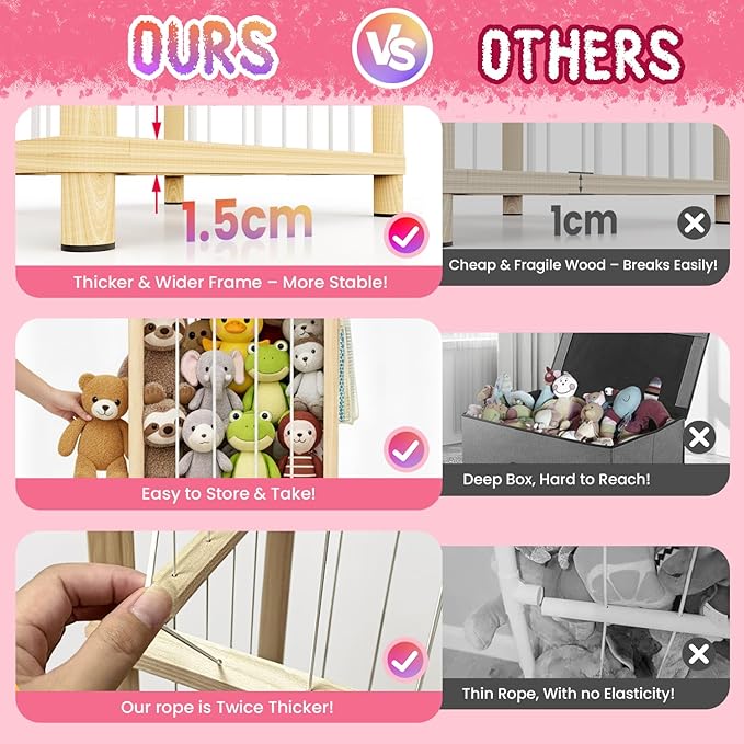 Stuffed Animal Storage - Large Wooden Toy Storage Organizer with 1 Removable Hanging Storage Net, Plush Toy Organizer for Kids' Rooms, Bedroom, Playroom or Nurseries