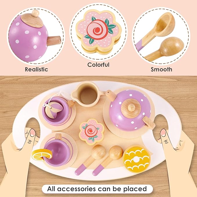 BUYGER Wooden Tea Party Set for Little Girls with Play Food Kitchen Accessories Toy Pretend Play Princess Tea Party Time for Girls Boys Children Toddlers 3 4 5 6 7+ Years Old