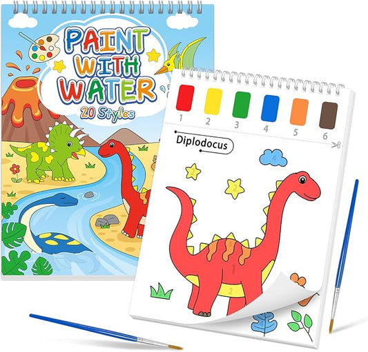 SOCOLER Paint with Water Coloring Books for Toddlers, Dinosaur Mess Free Watercolor Painting Papers for Kids Water Color Paint Kit with 2 Brushes Art Craft Birthday Gift for Ages 1-3, 4-8