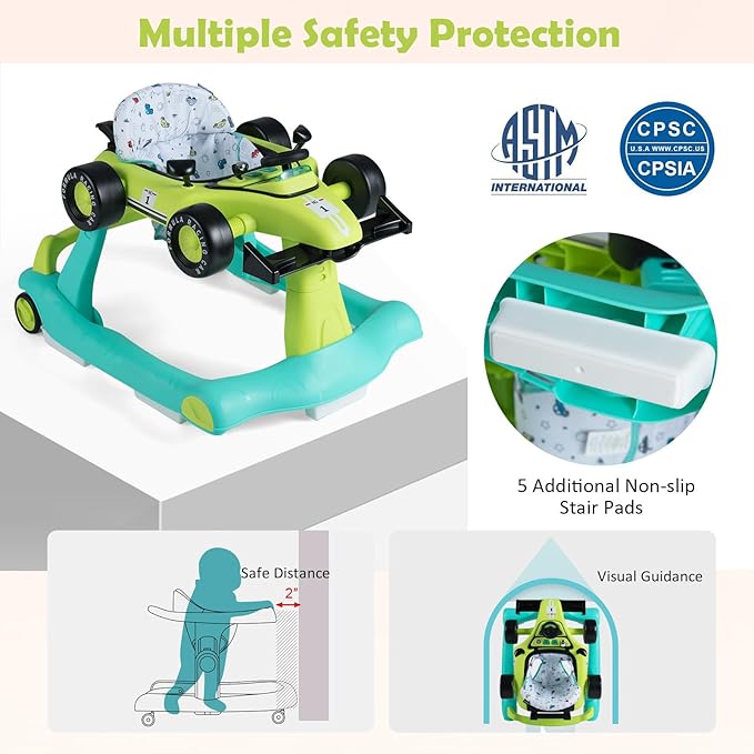 HONEY JOY 4-in-1 Baby Walker, Activity Push Walker w/3 Adjustable Heights, Smooth Wheels w/Adjustable Speed, Padded Seat, Music & Light, Foldable Car Walker for Baby Boys Girls Age 6 Months+ (Green)