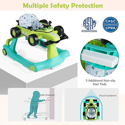 HONEY JOY 4-in-1 Baby Walker, Activity Push Walker w/3 Adjustable Heights, Smooth Wheels w/Adjustable Speed, Padded Seat, Music & Light, Foldable Car Walker for Baby Boys Girls Age 6 Months+ (Green)