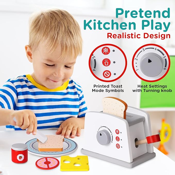 Play Brainy Pop Up Kid’s Toaster Toy with Kitchen Accessories, 8 Pc. Set, Interactive Early Learning Wood Playset with Wooden Bread, Plate, and Utensil, Girls and Boys 3+