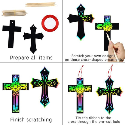 WATINC 60Pcs Scratch Cross Ornaments, Magic Art Color Craft Kit for Kids Scratch Party Favors, Scratch Paper Hanging Tags, Birthday Gifts for Kids, DIY Art Craft Kit for Boys Girls