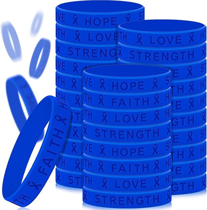 Bucherry Child Abuse Awareness Colon Cancer Bracelets Bulk Blue Ribbon Awareness Bracelets Rubber Wristband Embossed Silicone Bracelet for Public Party Favors Girls Boys Child
