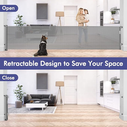 145 Inch Extra Wide Retractable Baby Gate for Large Openings Long Baby Gate Indoor Outdoor Mesh Baby Gate Retractable Gate Dog Gates for The House Extra Wide Retractable Dog Gate for Doorways, Gray