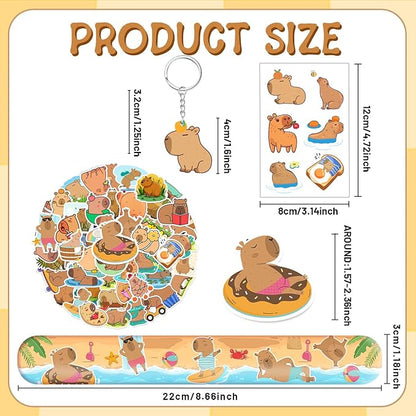 98 PCS Capybara Party Favors, Capybara Temporary Tattoos, Slap Bracelets, Keychains, Stickers, and Badges for Kids Capybara Birthday Party Decorations and Classroom Rewards