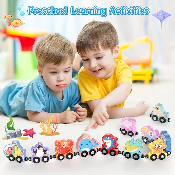 Toys for Toddlers, 11 Magnetic Wooden Sea Animals Train Set, Montessori Toys for Toddlers, Educational Toys for Kids, Birthday Gifts for Boys, Girls