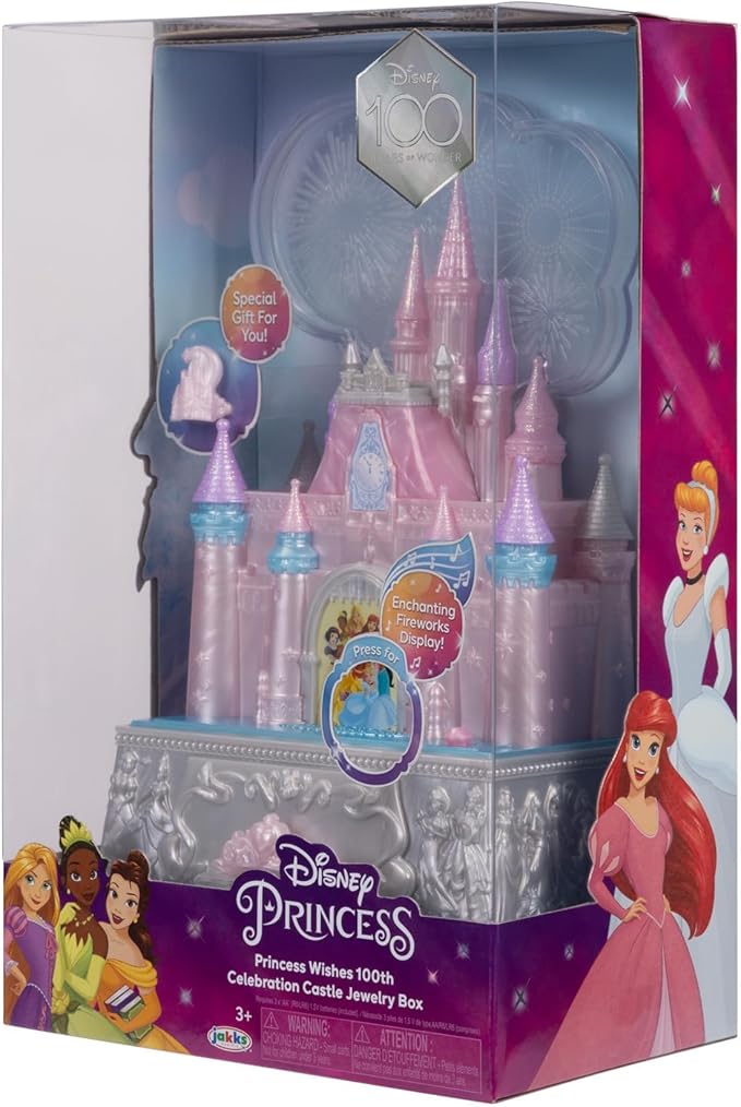 Disney Princess Jewelry Box for Girls Princess Castle Keepsake Jewelry Box with Music & Firework-Like Light Show, Plays Song “A Dream Is a Wish Your Heart Makes”