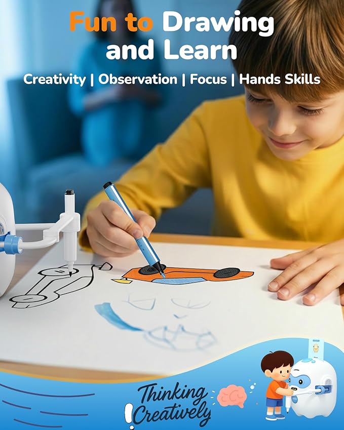 Drawing Robot for Kids, Rechargeable 4-in-1 Draw/Learn/Spell/Music Interactive Educational Robot Drawing Machine with 100 Cards & 12 Color Pens, Learning Toys for 3-8 Year Old Boys Girls Birthday Xmas