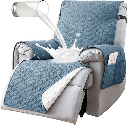 100% Waterproof Recliner Chair Covers That Stay in Place, Non-Slip Recliner Cover with 5 Pockets, Elastic Straps, Washable Reclining Chair Protector for Kids, Pets, Dogs, Gray Blue