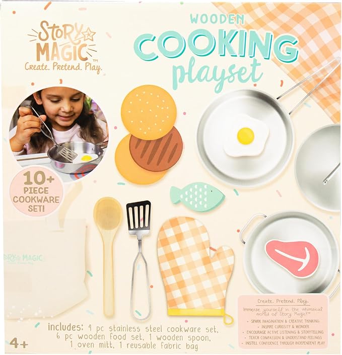 Story Magic Wooden Cooking Playset, 10+ Piece Wood Food & Stainless Steel Kids Cooking Pretend Play Kitchen Food Set, Toy Food for Kids Kitchen Set, Pretend Food, Toy Food for Toddlers & Kids Ages 4+
